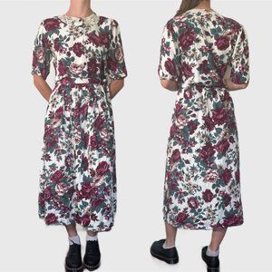 Vintage 80s Matching Set, 1980s Rose Summer Floral Blouse & Skirt